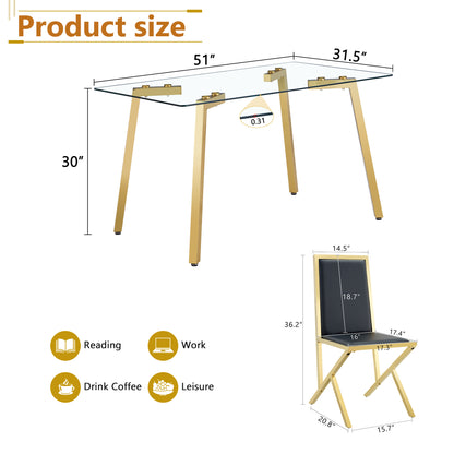 4-Person Black Gold Glass Dining Table Set