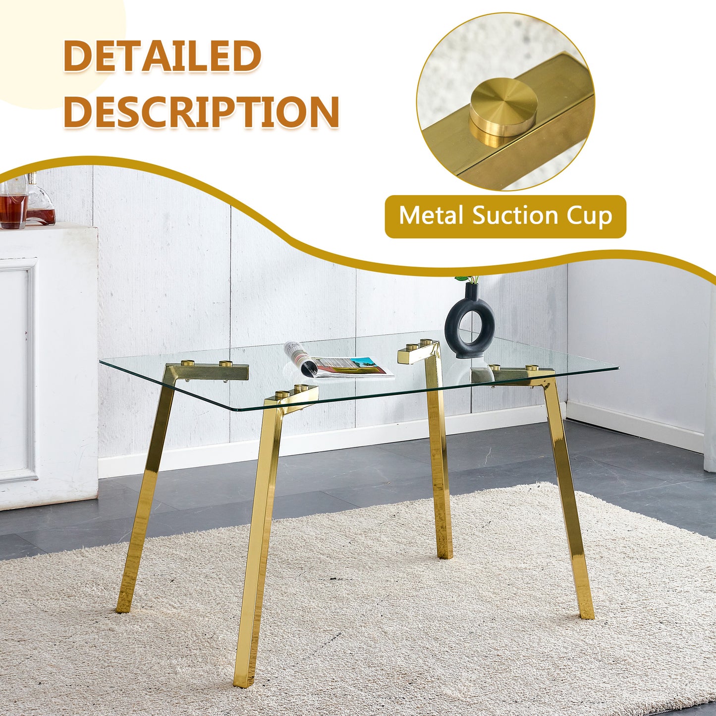4-Person Black Gold Glass Dining Table Set