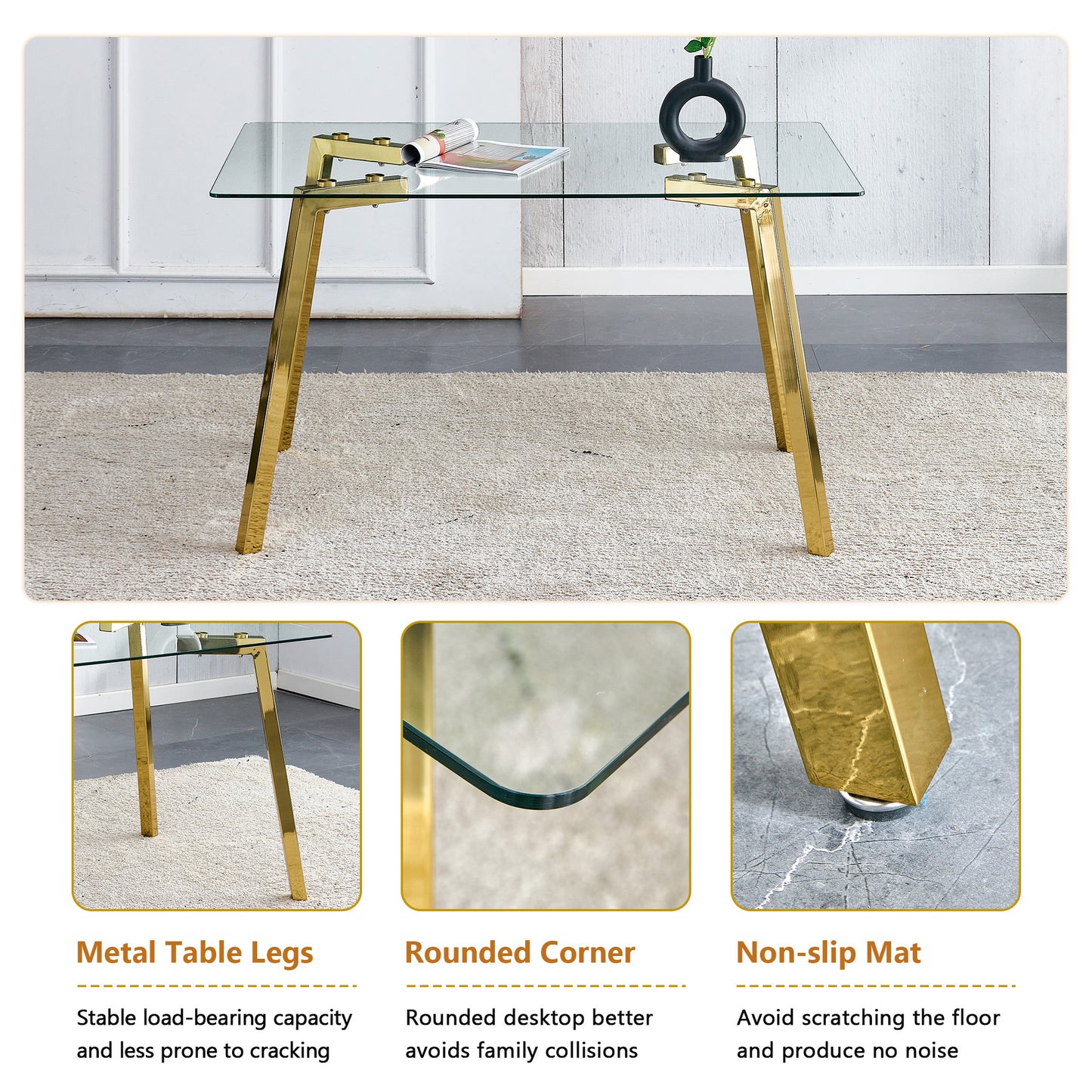4-Person Black Gold Glass Dining Table Set