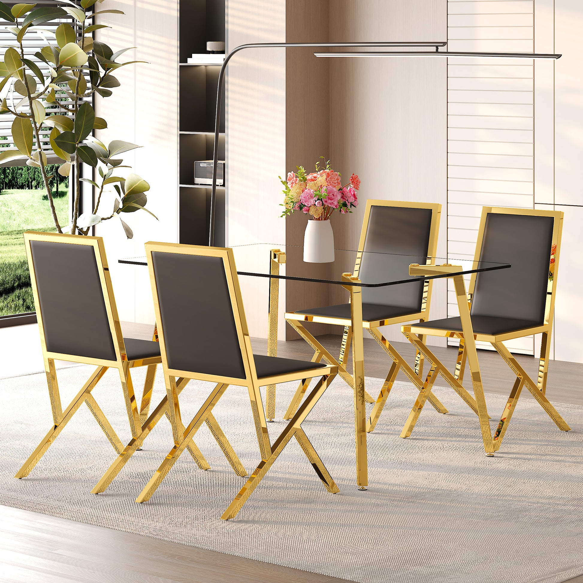 Table and chair set.51 × 31.5-inch tempered glass dining table, paired with a set of 4 Black PU dining chairs. Modern light luxury home restaurant table and chair combination.