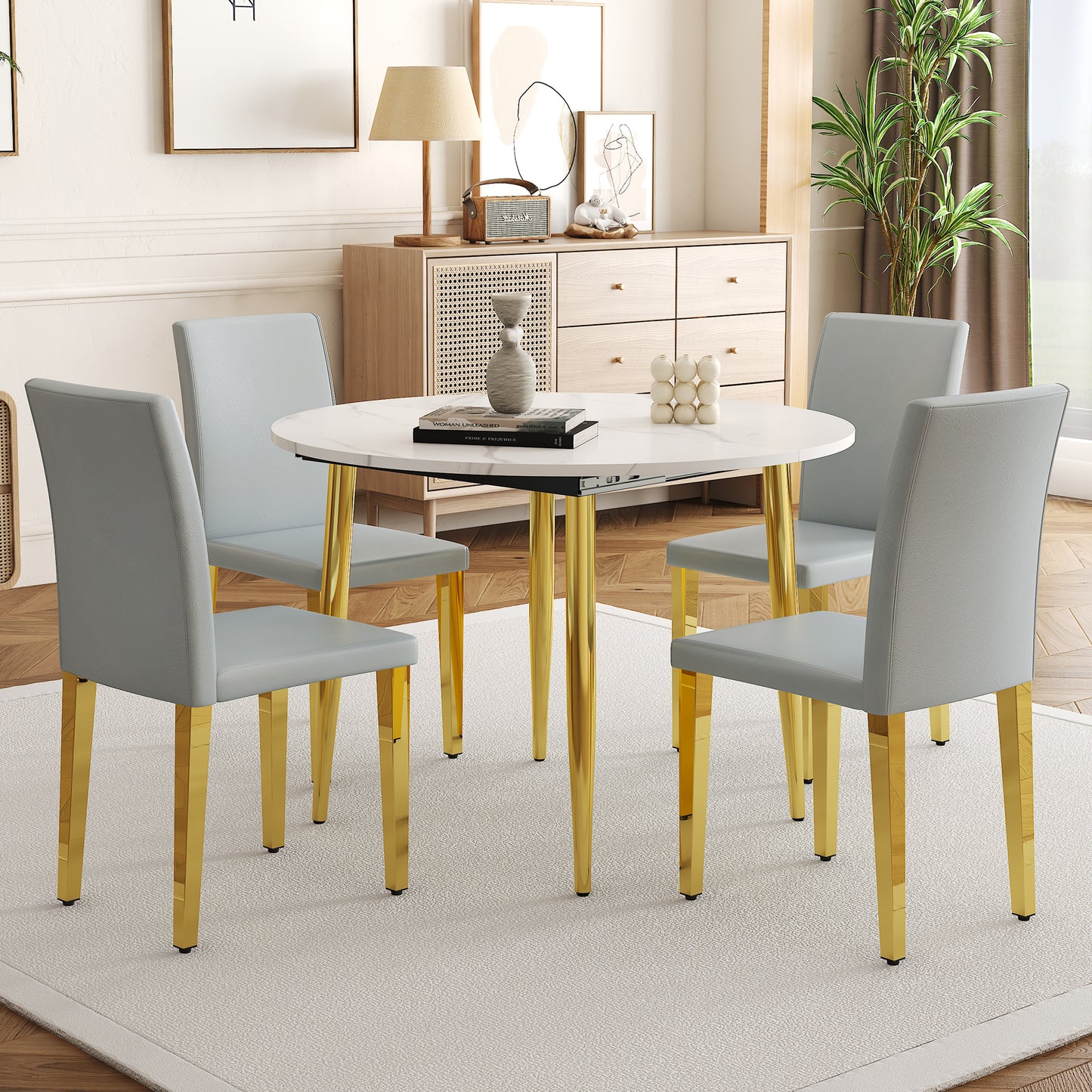 Extendable Round Dining Table with Gold Metal Legs and PU Leather Seats
