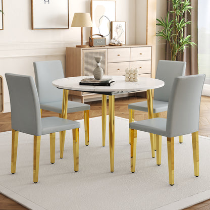 Extendable Round Dining Table with Gold Metal Legs and PU Leather Seats