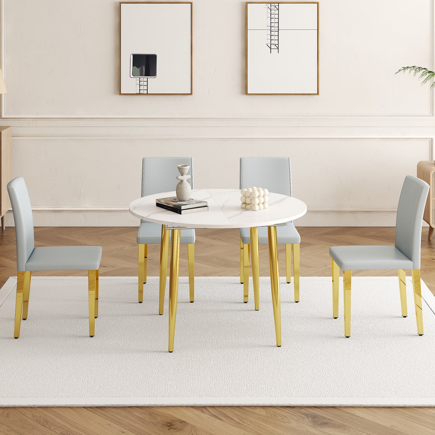 Extendable Round Dining Table with Gold Metal Legs and PU Leather Seats