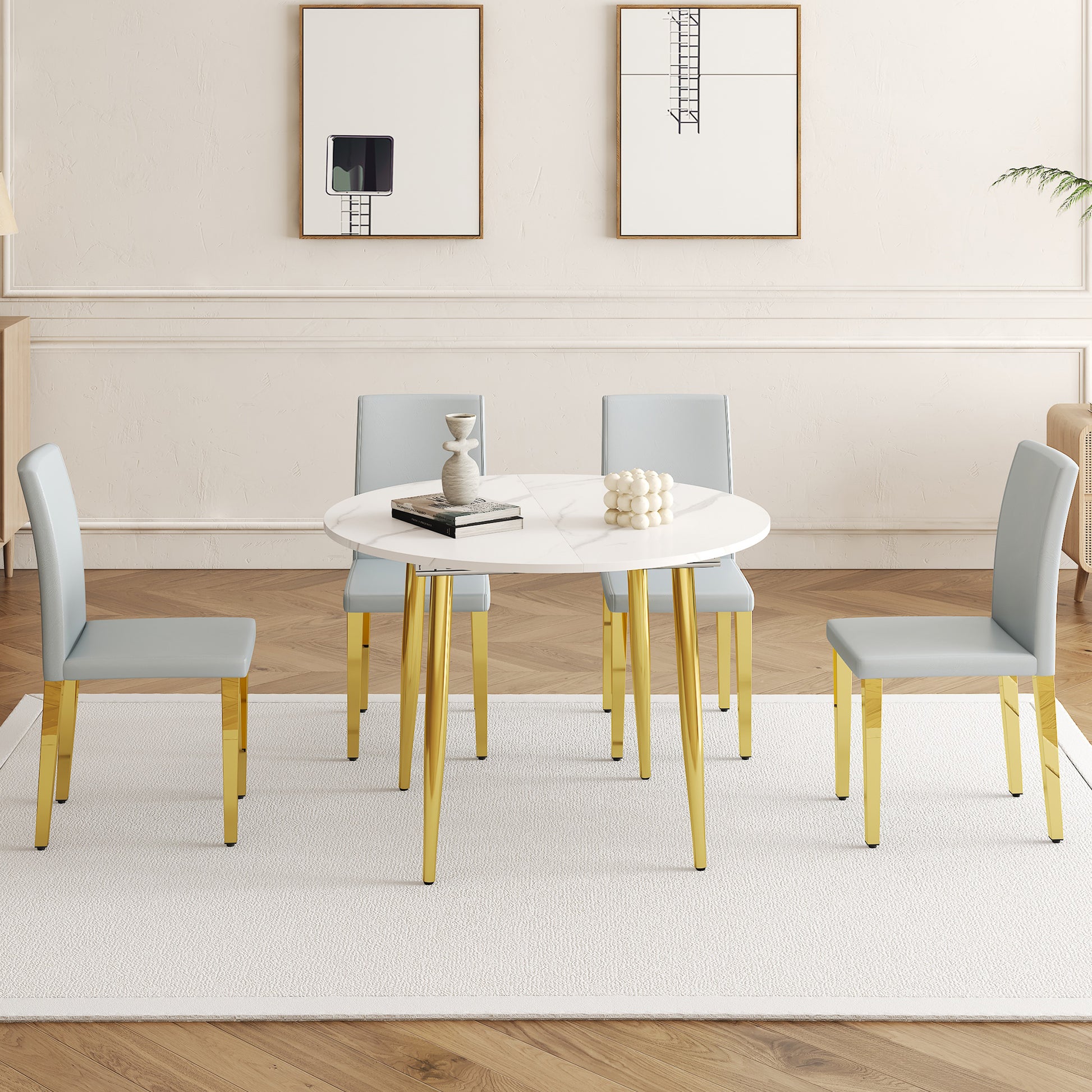 Extendable Round Dining Table with Gold Metal Legs and PU Leather Seats