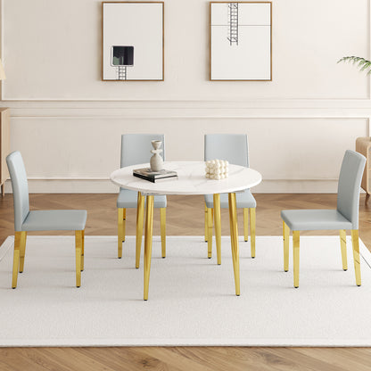 Extendable Round Dining Table with Gold Metal Legs and PU Leather Seats