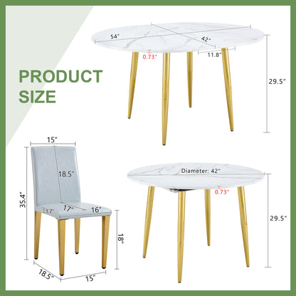 Extendable Round Dining Table with Gold Metal Legs and PU Leather Seats