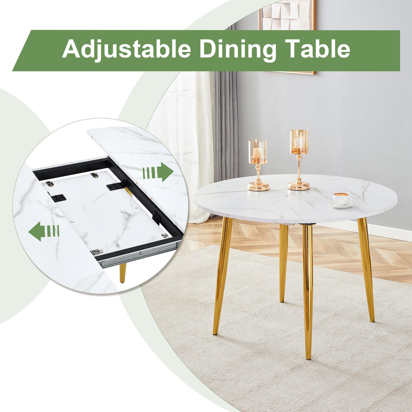 Extendable Round Dining Table with Gold Metal Legs and PU Leather Seats