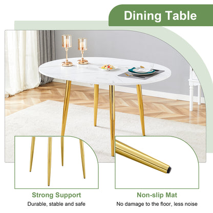 Extendable Round Dining Table with Gold Metal Legs and PU Leather Seats