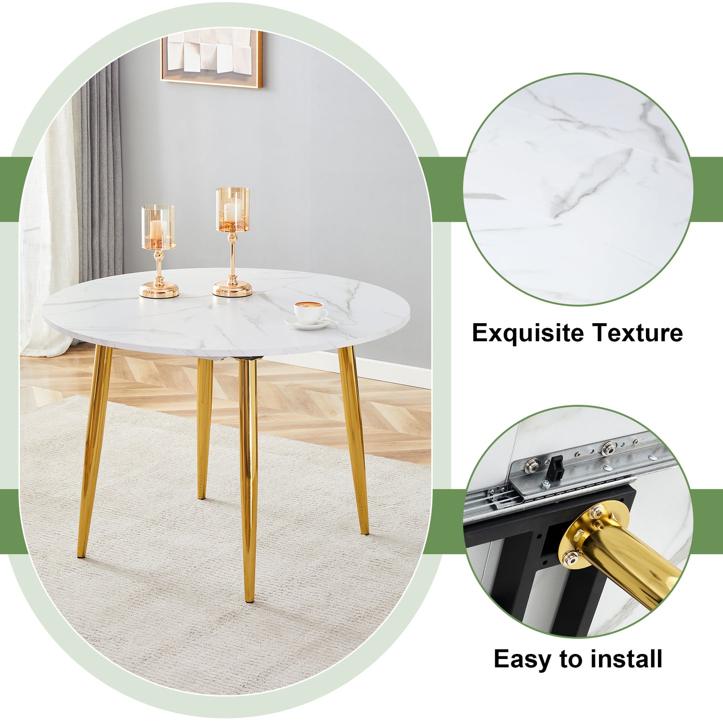 Extendable Round Dining Table with Gold Metal Legs and PU Leather Seats