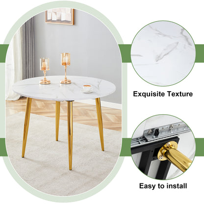 Extendable Round Dining Table with Gold Metal Legs and PU Leather Seats