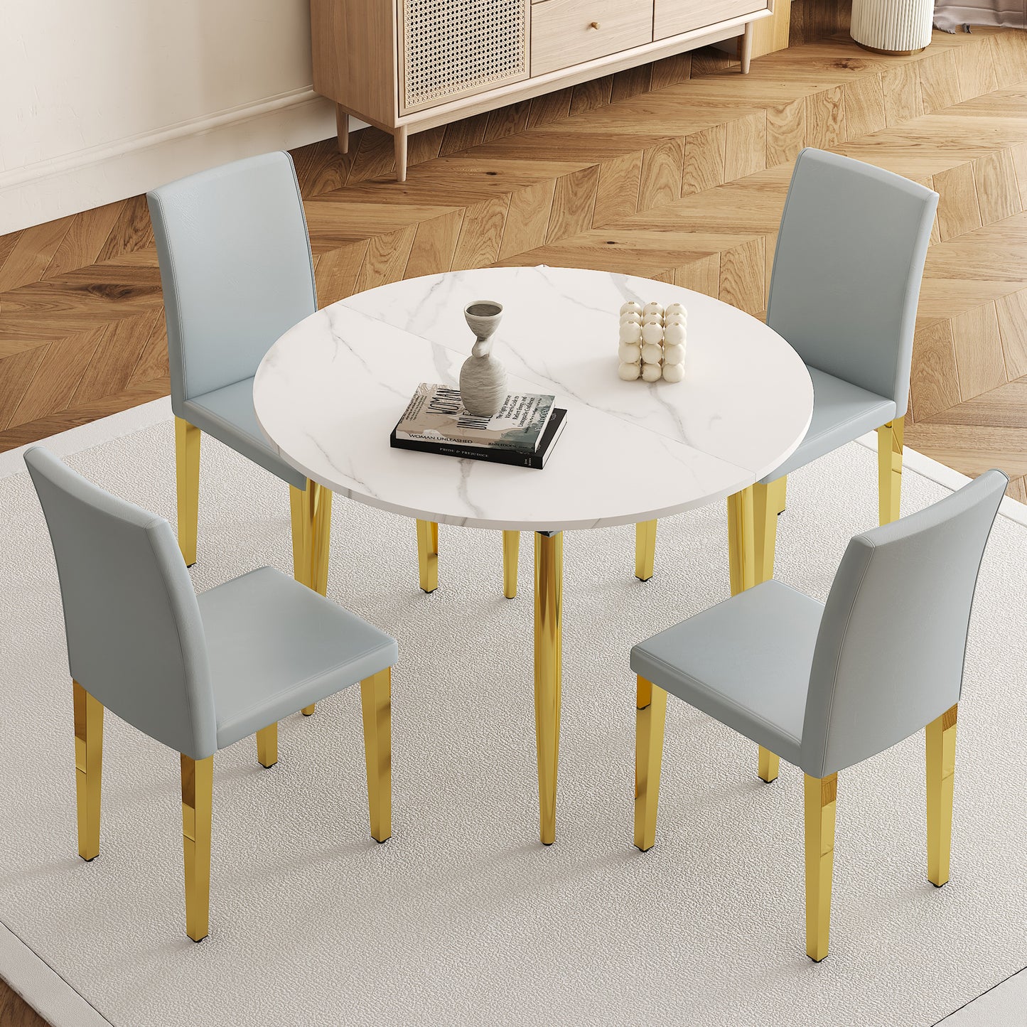 Table and chair set.Extendable MDF Dining Table.Paired with 4 light gray PU dining chairs.The pull-out table is ideal for a wide range of families,suitable for gatherings of different size.