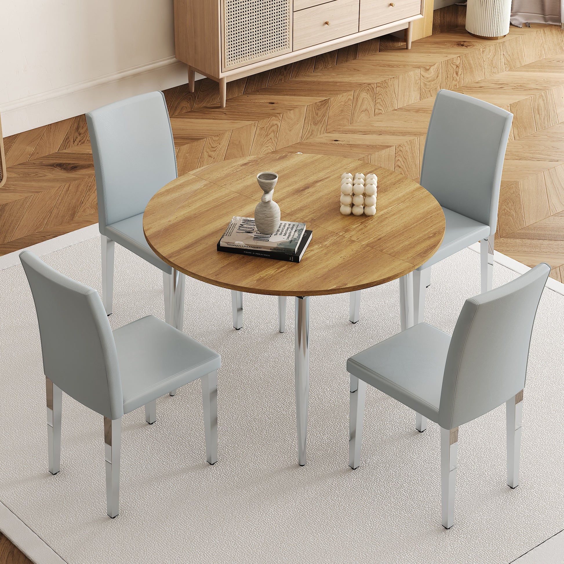 Expandable Dining Table Set - 4 Chairs, Light Gray for Dining Room