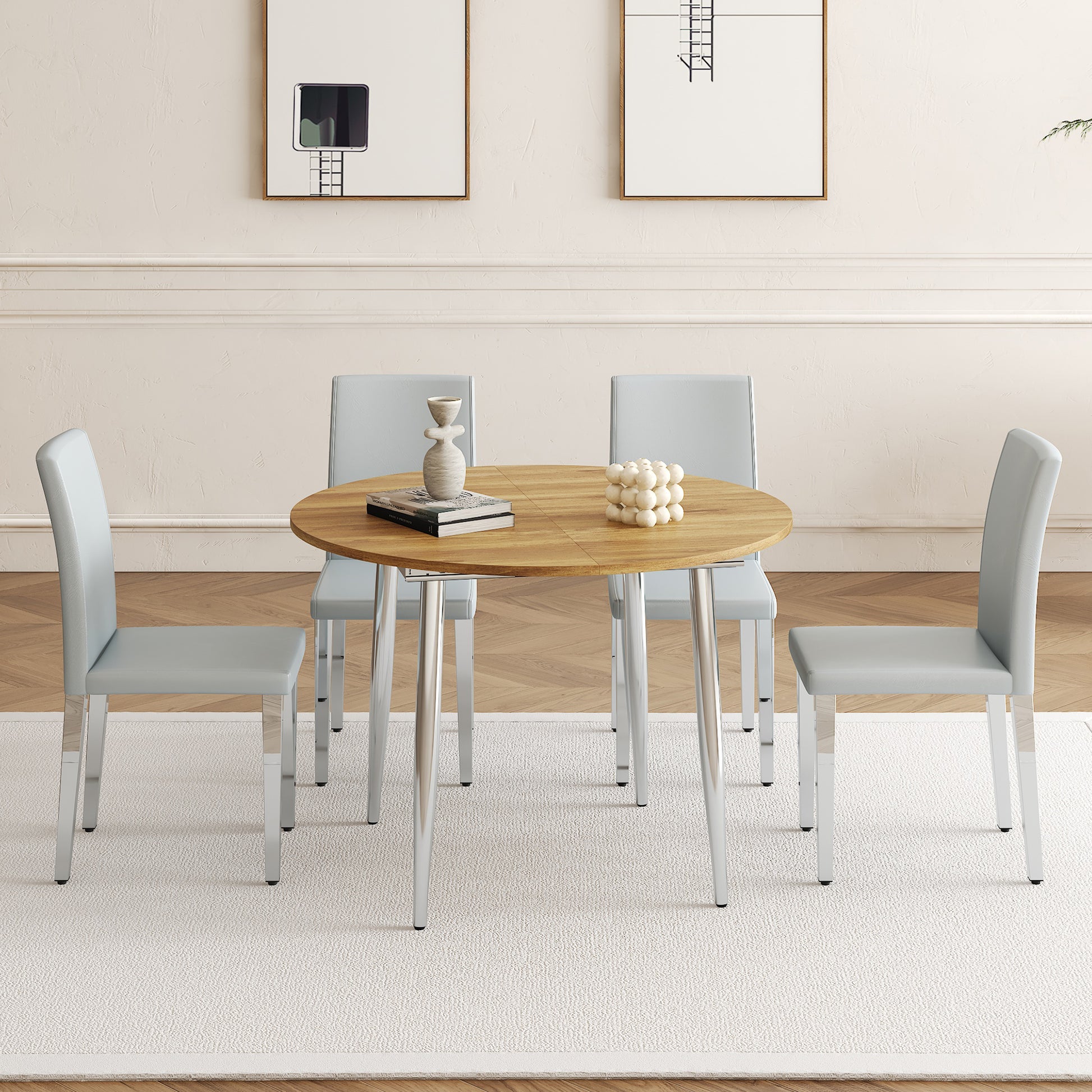 Table and chair set.With a Expandable mechanism,the Wood Grain MDF table top and silver metal legs and has a smooth surface.Paried With 4 Light Gray PU dining chairs With Silver Metal Legs.