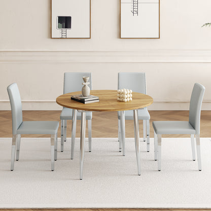 Table and chair set.With a Expandable mechanism,the Wood Grain MDF table top and silver metal legs and has a smooth surface.Paried With 4 Light Gray PU dining chairs With Silver Metal Legs.
