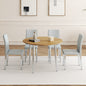 Table and chair set.With a Expandable mechanism,the Wood Grain MDF table top and silver metal legs and has a smooth surface.Paried With 4 Light Gray PU dining chairs With Silver Metal Legs.