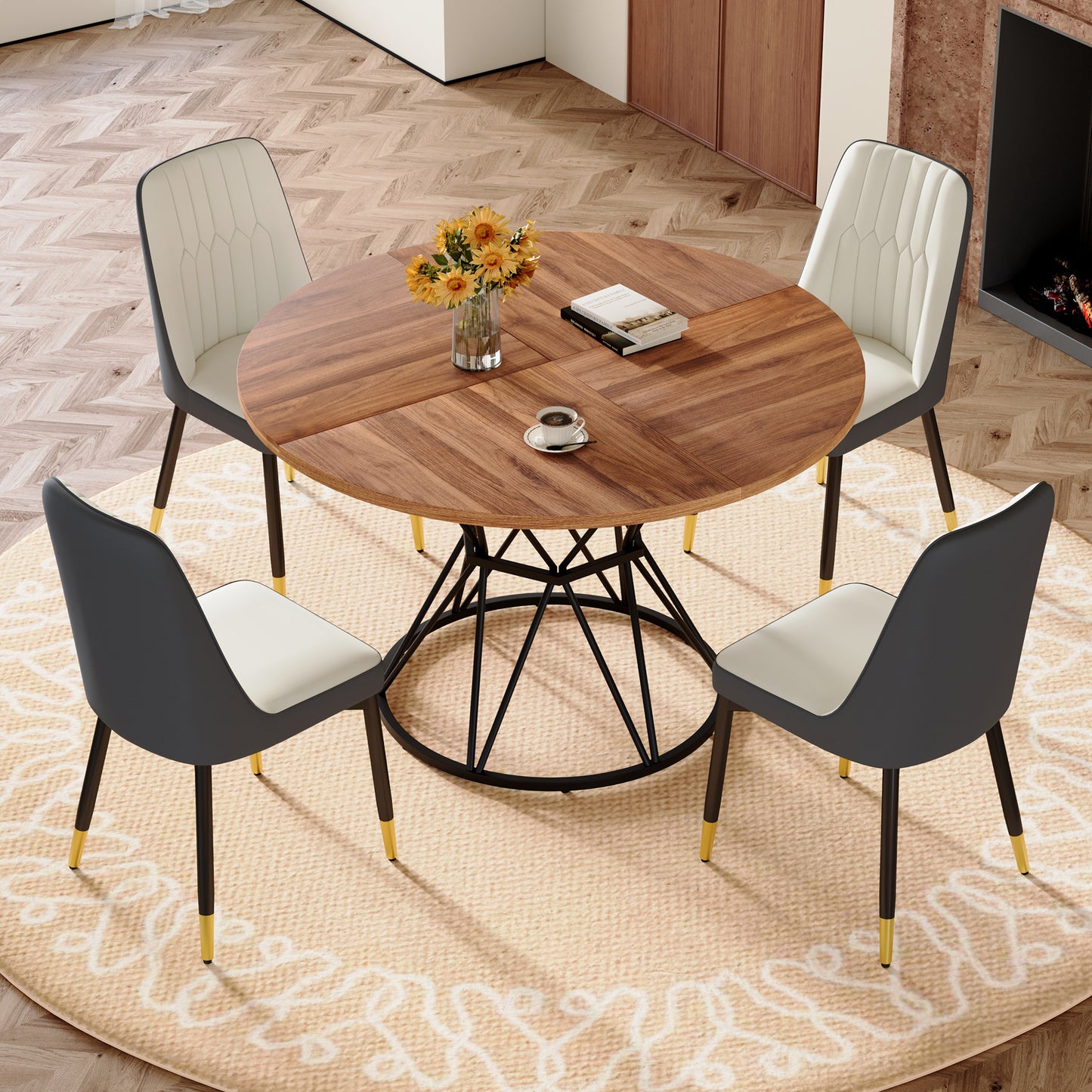 Dark Gray Dining Table Set Seats 4 - Walnut Style for Dining Room