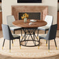 Table and chair set.A circular walnut MDF dining table with a diameter of 47.3 inches,black hourglass shaped metal brackets.Paired with 4 White and Dark Gray spliced color PU chairs.