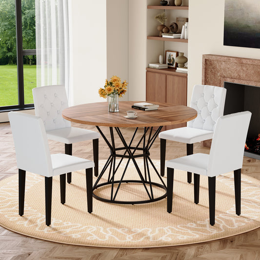 4-Person Walnut Dining Table Set with Black Chairs