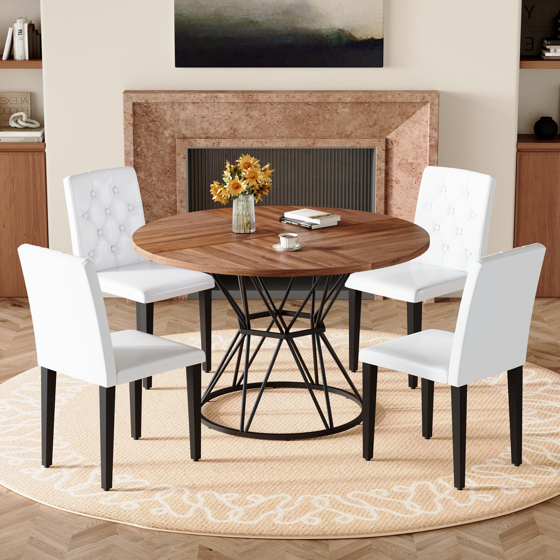 4-Person Walnut Dining Table Set with Black Chairs