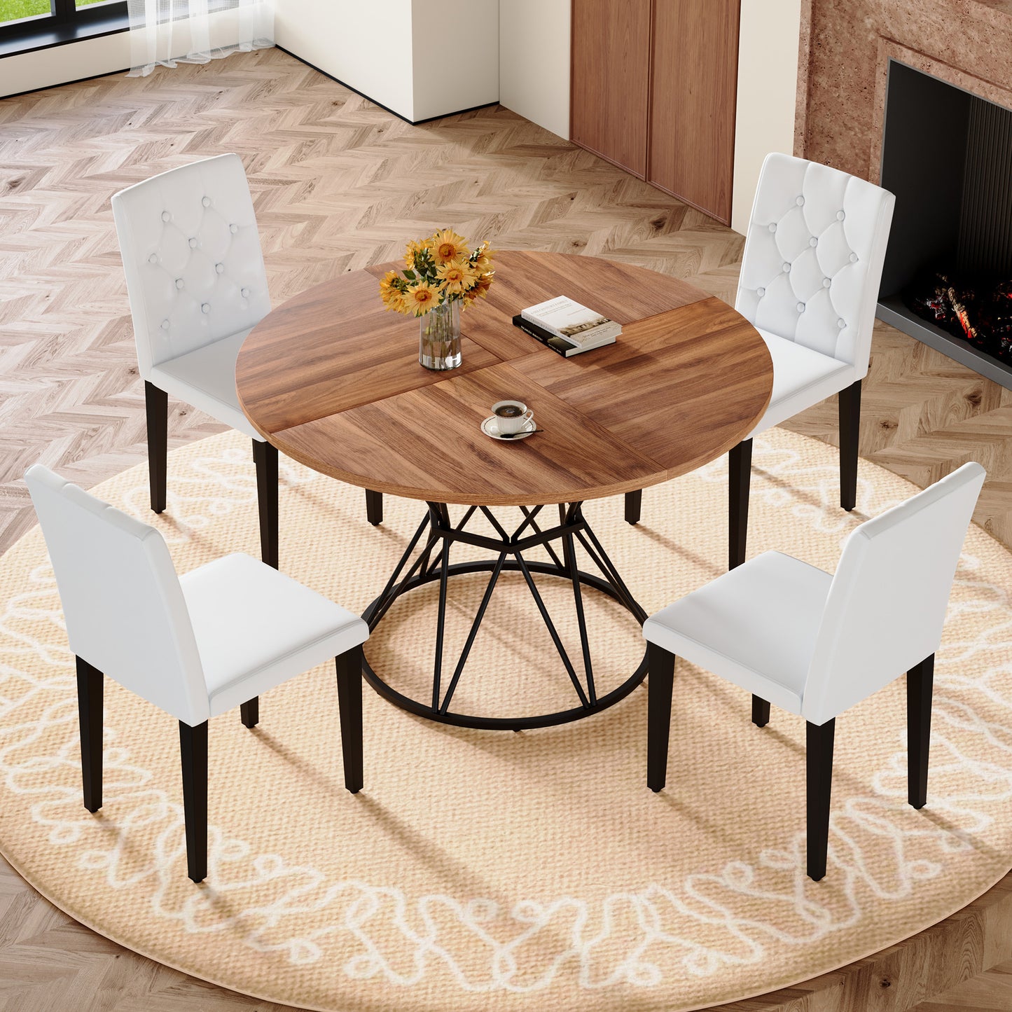 4-Person Walnut Dining Table Set with Black Chairs