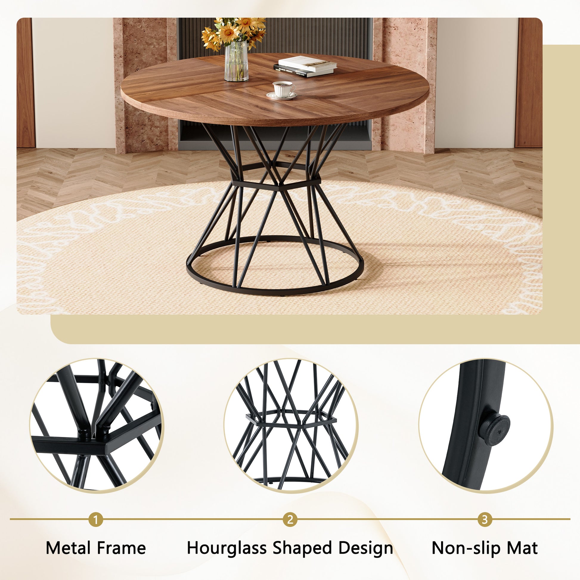 4-Person Walnut Dining Table Set with Black Chairs