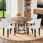 Table and chair set. A circular walnut MDF dining table with a diameter of 47.3 inches,black hourglass shaped metal brackets.Paired with 4 white PU dining chairs: ergonomic buckle backrest.