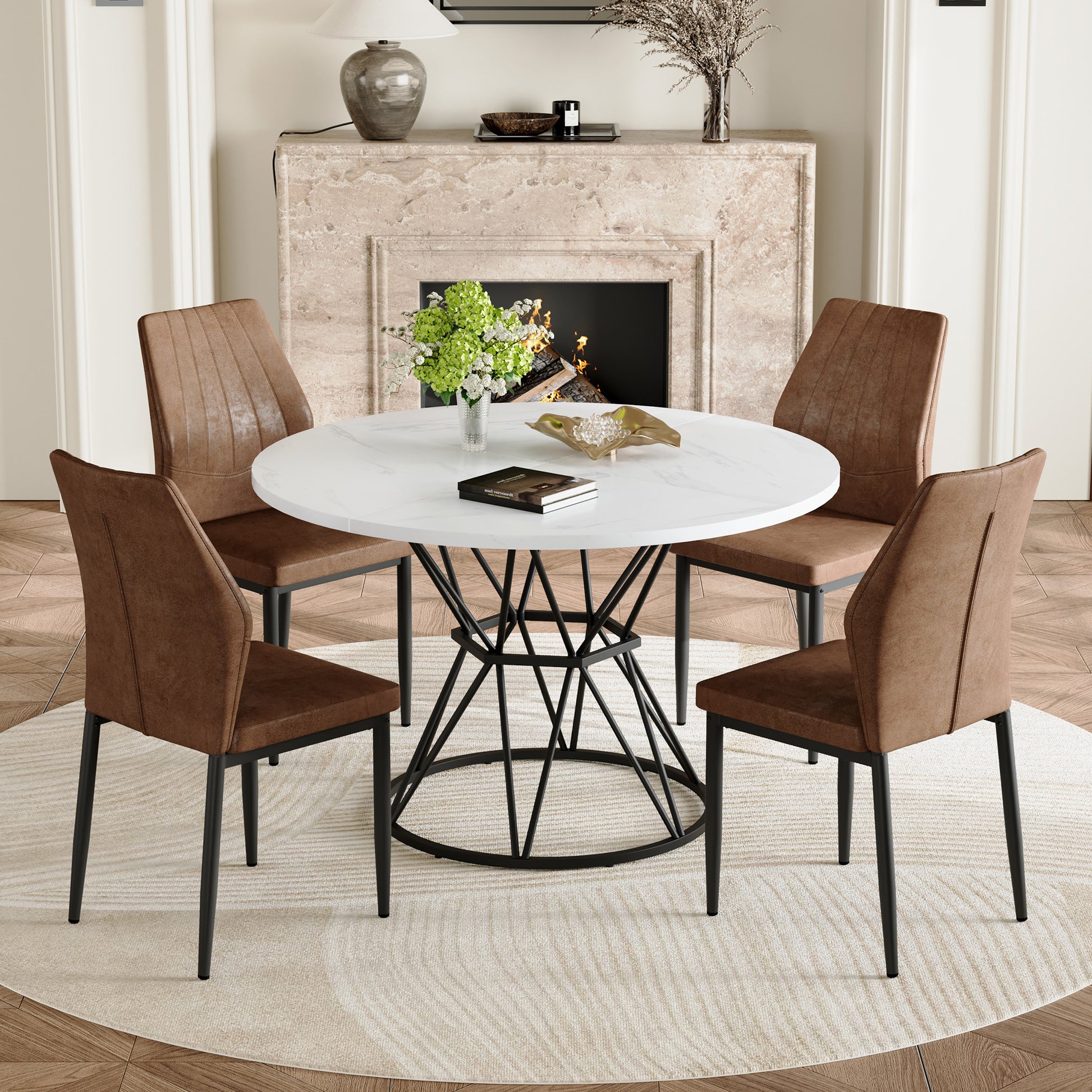 Table and Chair Set.A white MDF table with a diameter of 47.3 inches,black hourglass shaped metal brackets. Paired with 4 brown technology fabric dining chairs With Black Metal Legs.