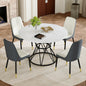 Table and chair set.A circular white MDF dining table with a diameter of 47.3 inches, black hourglass shaped metal brackets.Paired with 4 White and Dark Gray spliced color PU chairs.