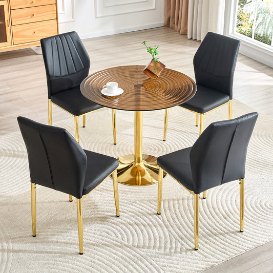 Table and chair set.35 inch diameter, light luxury brown ring glass round table.Paired with 4 Black PU Chairs with golden legs.37 inches High: Ergonomic PU Backrest with Shell - shaped.