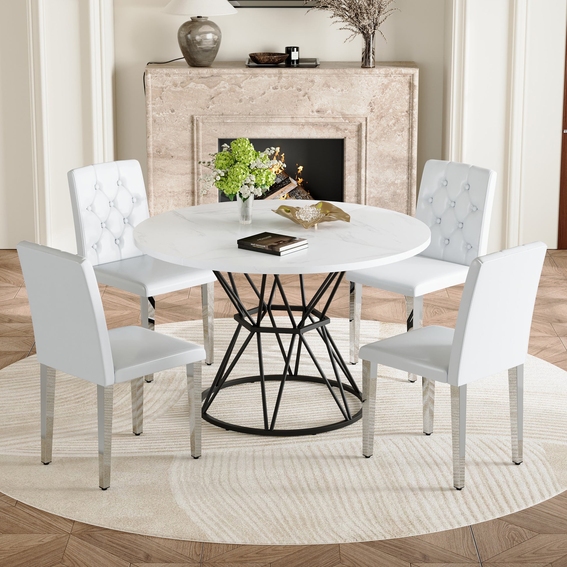 Table and chair set. A circular white MDF dining table with a diameter of 47.3 inches,black hourglass shaped metal brackets.Paired with 4 white PU dining chairs: ergonomic buckle backrest.