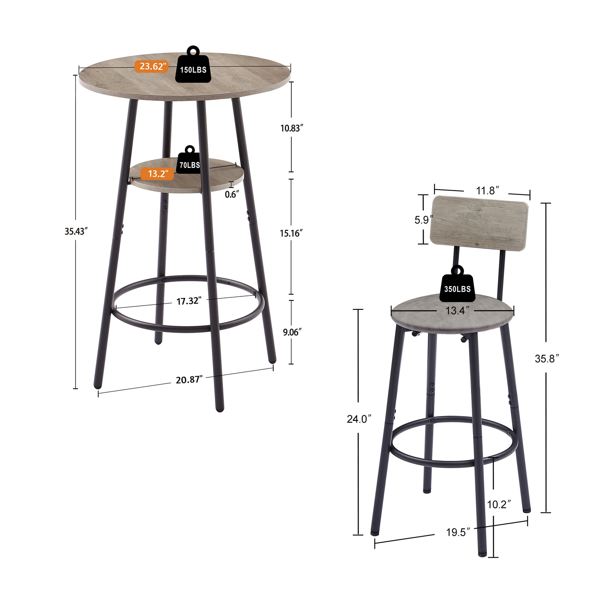 Grey Round Bar Table Set with Stools - 23.6" Dining Table for Dining Room