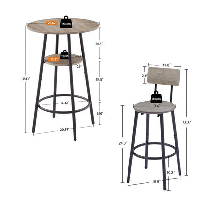 Grey Round Bar Table Set with Stools - 23.6" Dining Table for Dining Room