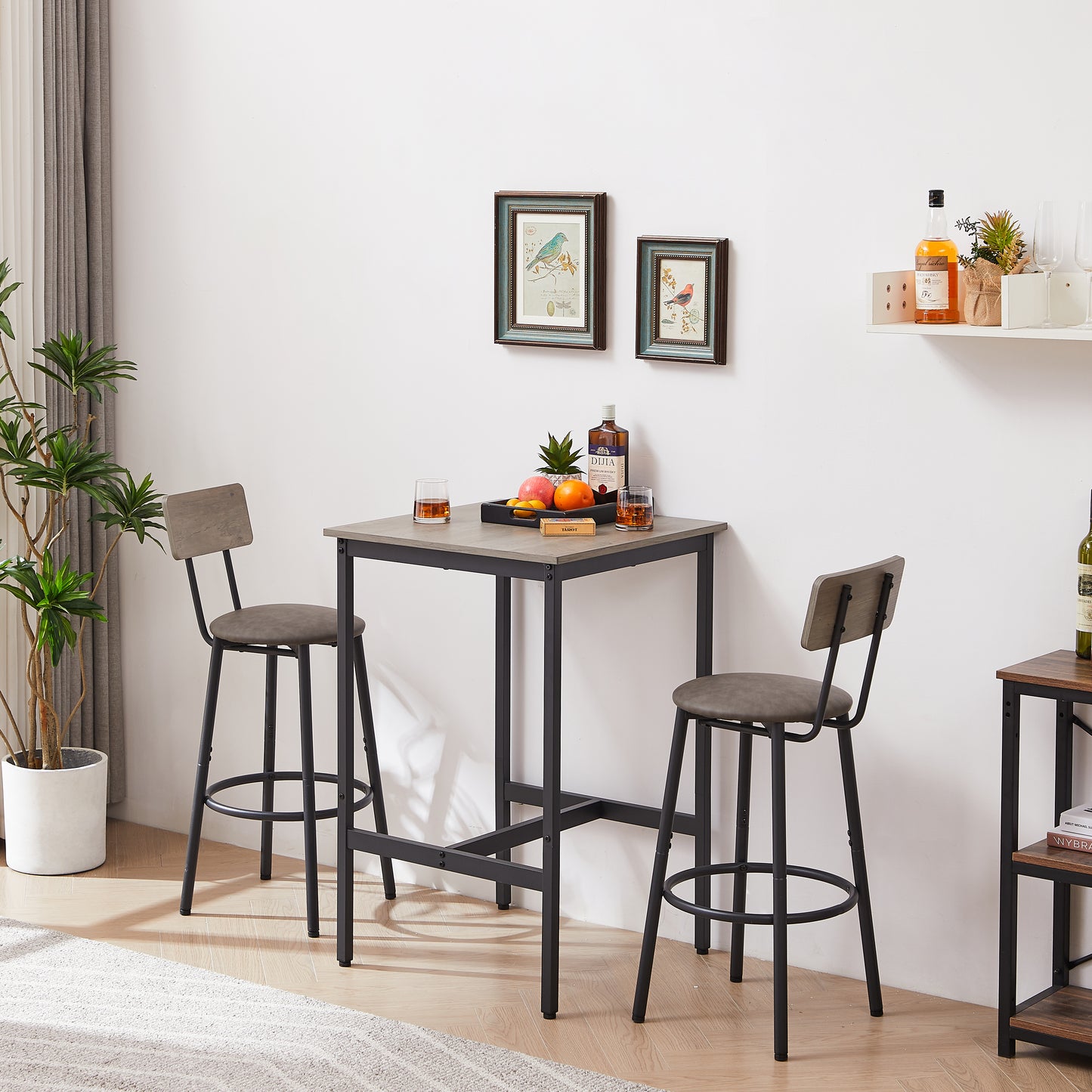 Grey Industrial Dining Table Set with Stools for Kitchen or Dining Room