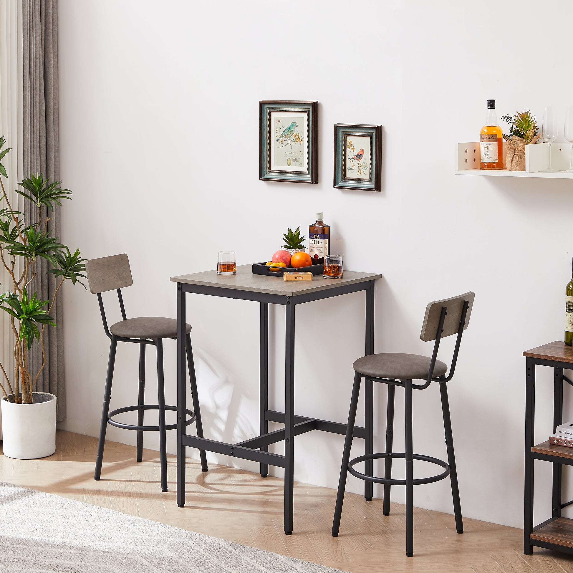 Grey Industrial Dining Table Set with Stools for Kitchen or Dining Room