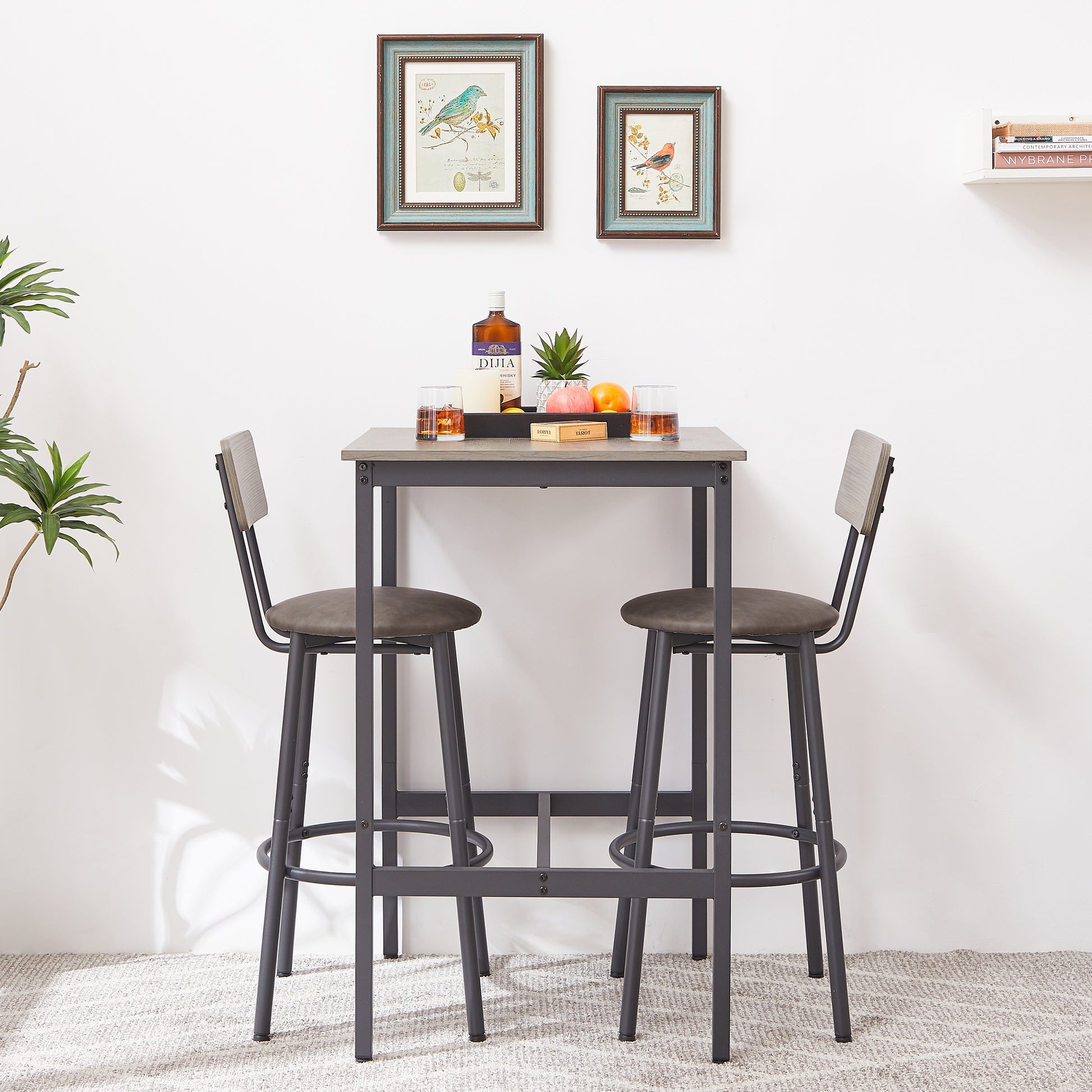 Grey Industrial Dining Table Set with Stools for Kitchen or Dining Room