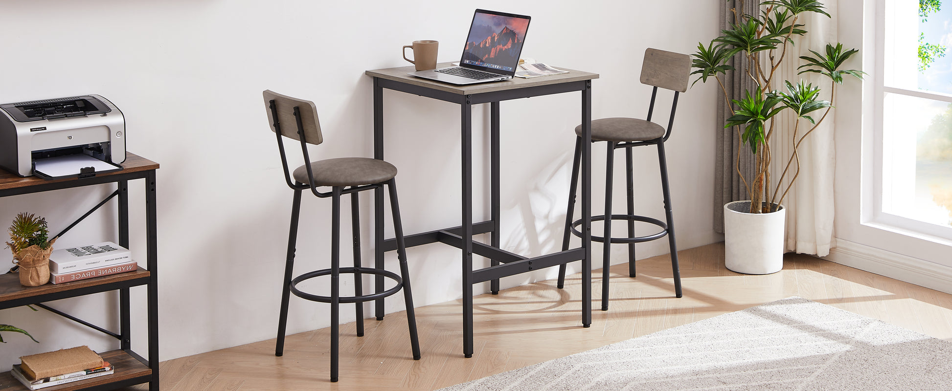 Grey Industrial Dining Table Set with Stools for Kitchen or Dining Room