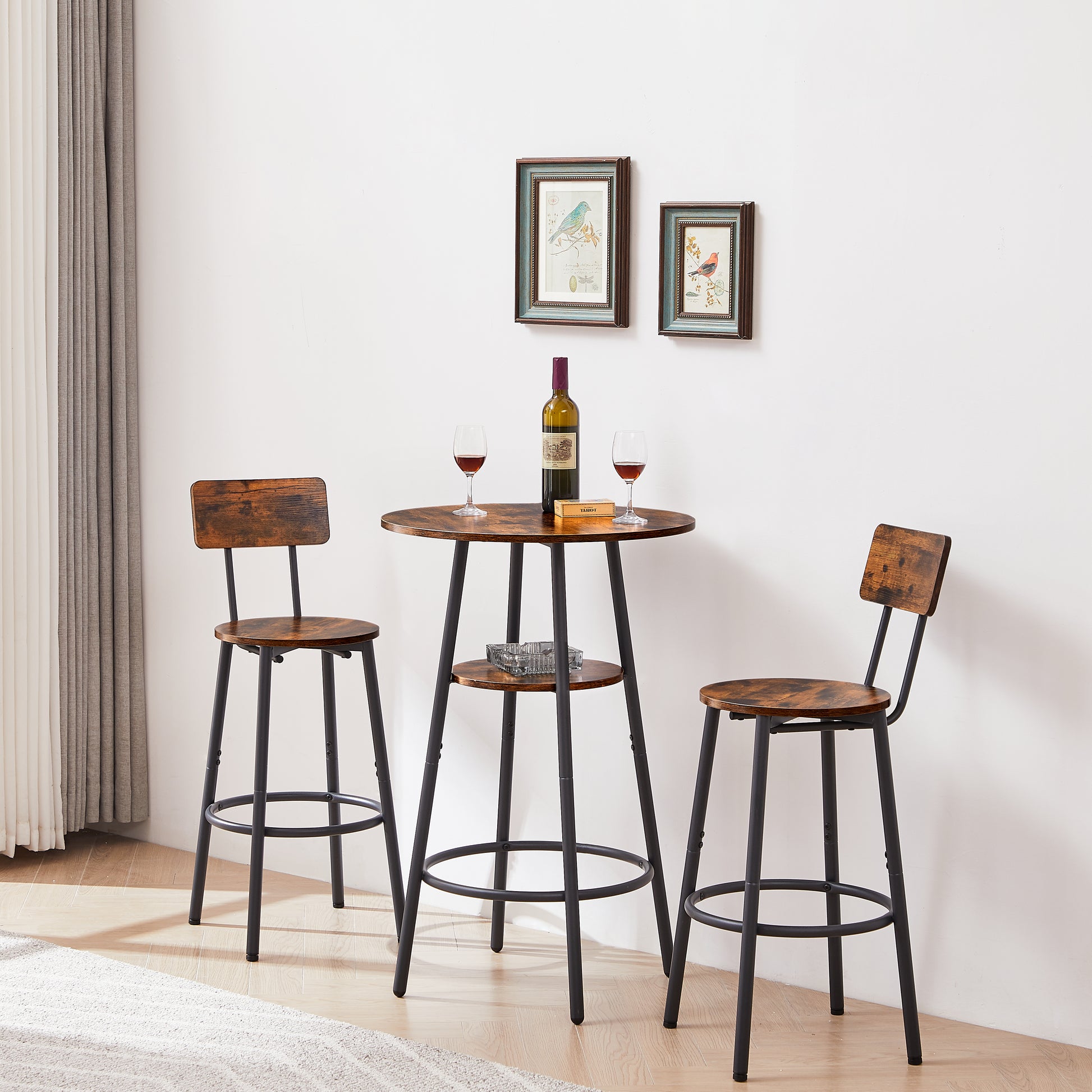 Rustic Brown Bar Set with Stools & Shelves - 23.6" Round for Dining Room