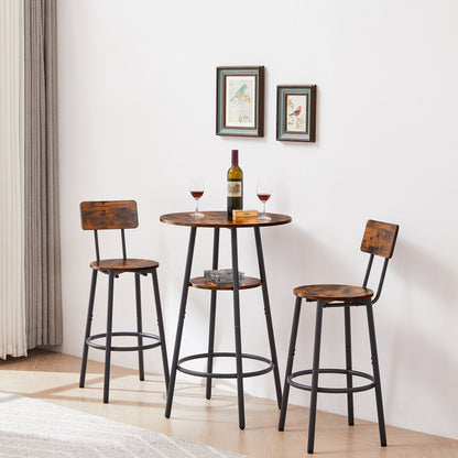 Rustic Brown Bar Set with Stools & Shelves - 23.6" Round for Dining Room