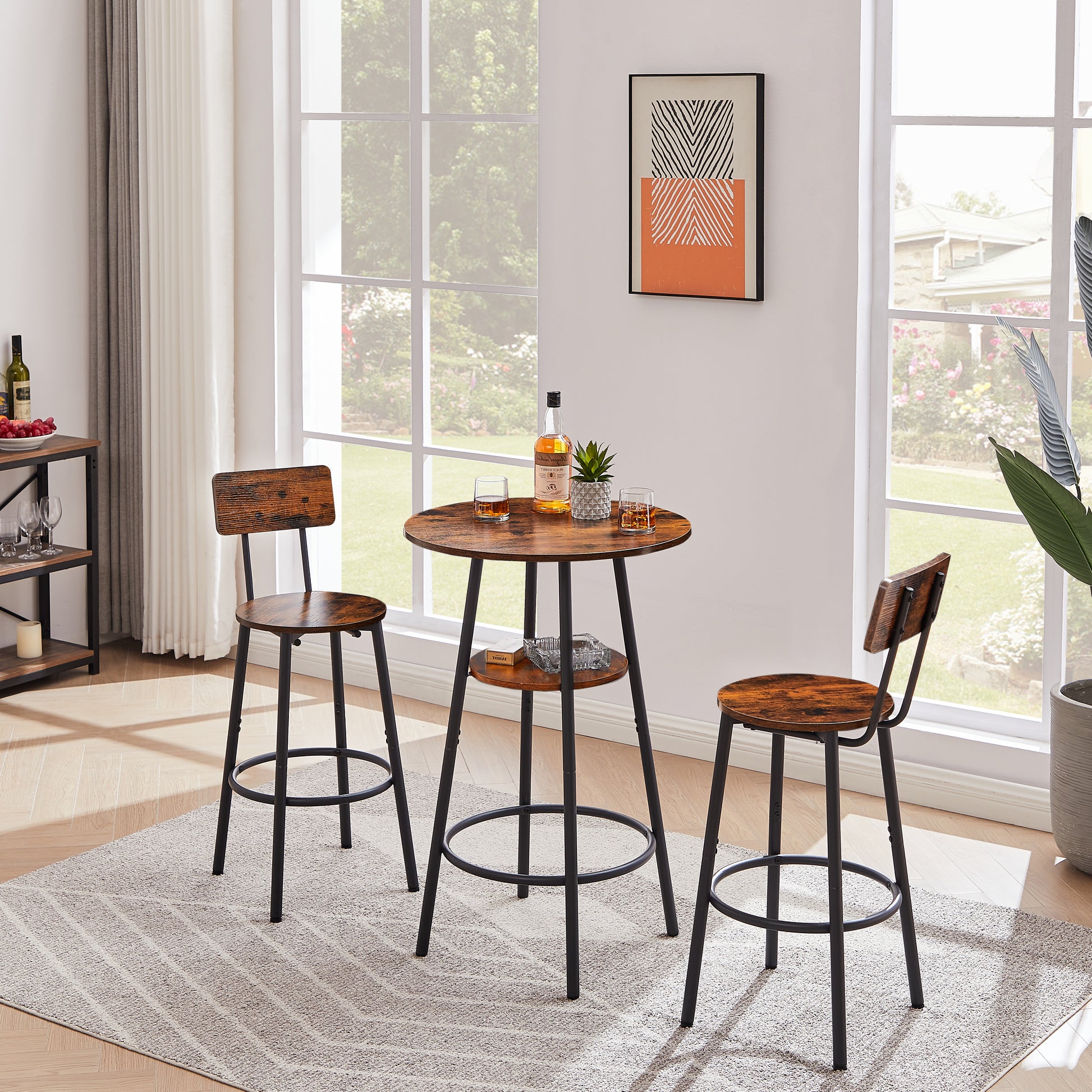 Rustic Brown Bar Set with Stools & Shelves - 23.6" Round for Dining Room
