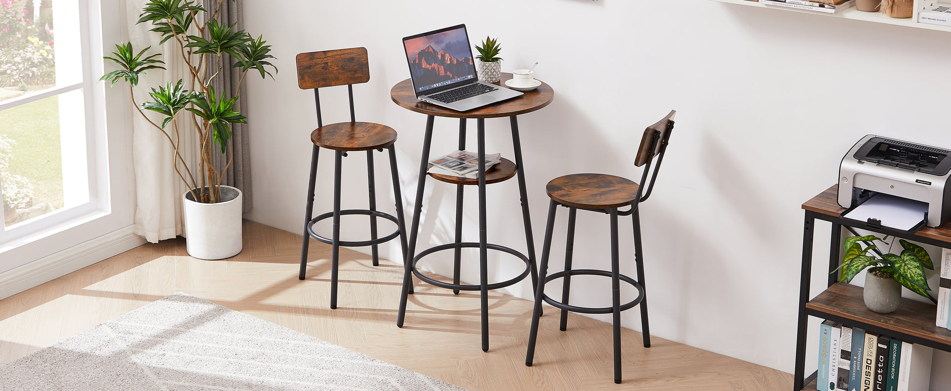 Rustic Brown Bar Set with Stools & Shelves - 23.6" Round for Dining Room