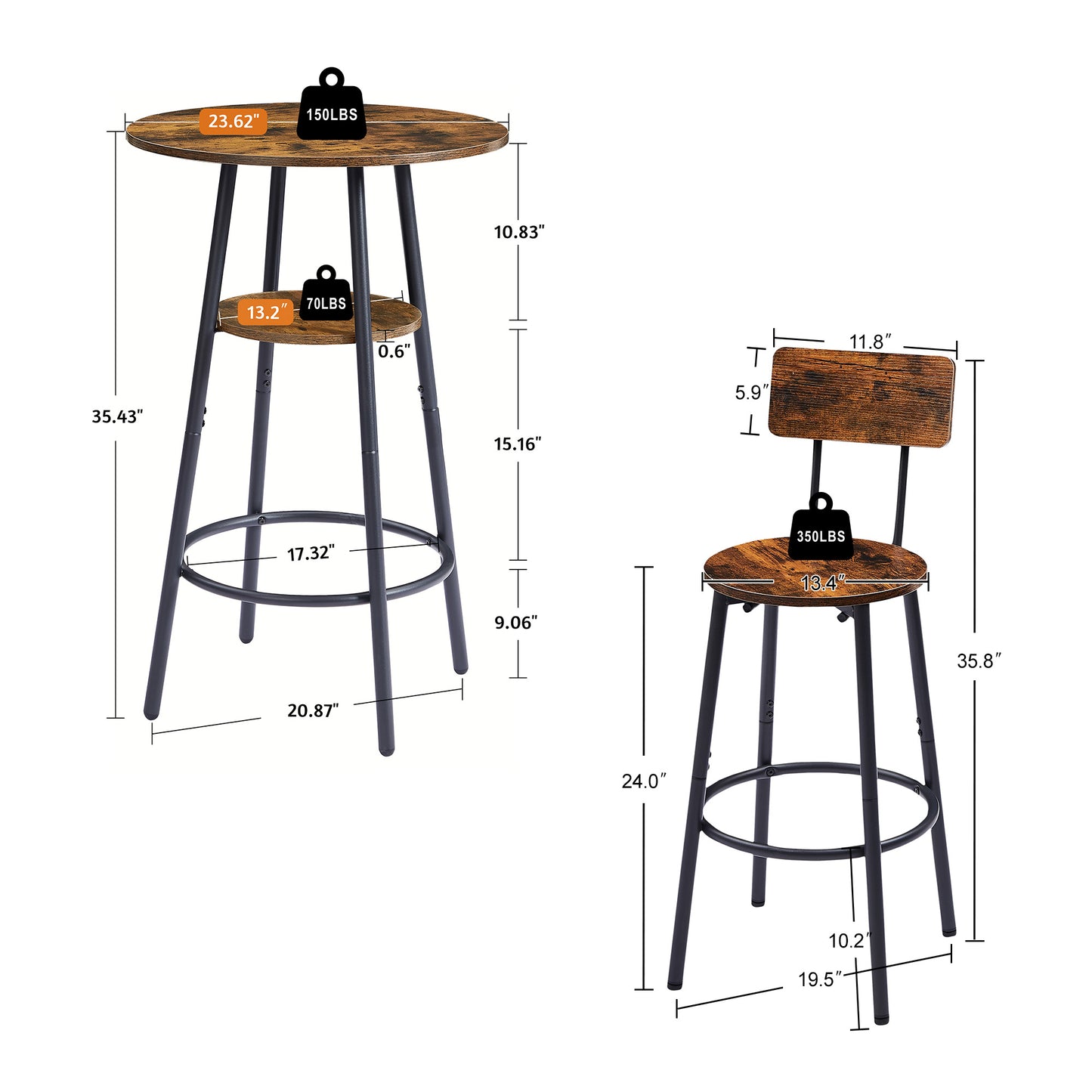 Rustic Brown Bar Set with Stools & Shelves - 23.6" Round for Dining Room