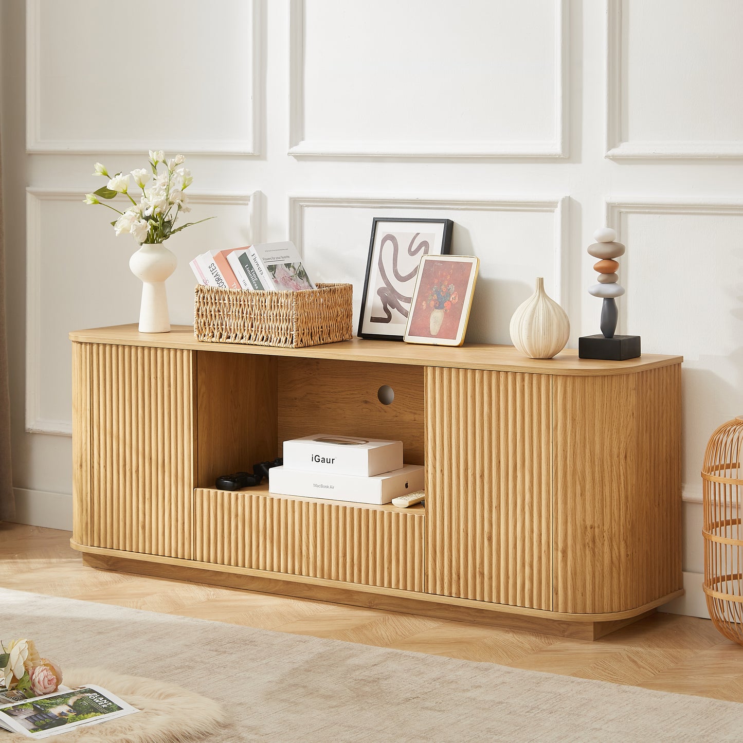 64 Inch TV Stand Natural Wood Cabinet Storage