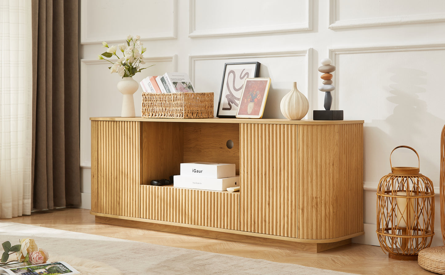 64 Inch TV Stand Natural Wood Cabinet Storage