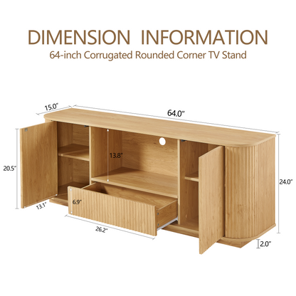 64 Inch TV Stand Natural Wood Cabinet Storage