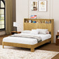 Queen Size bed frame with storage headboard, built-in charging station, wavy curved lines design, silent operation, metal support, Natural
