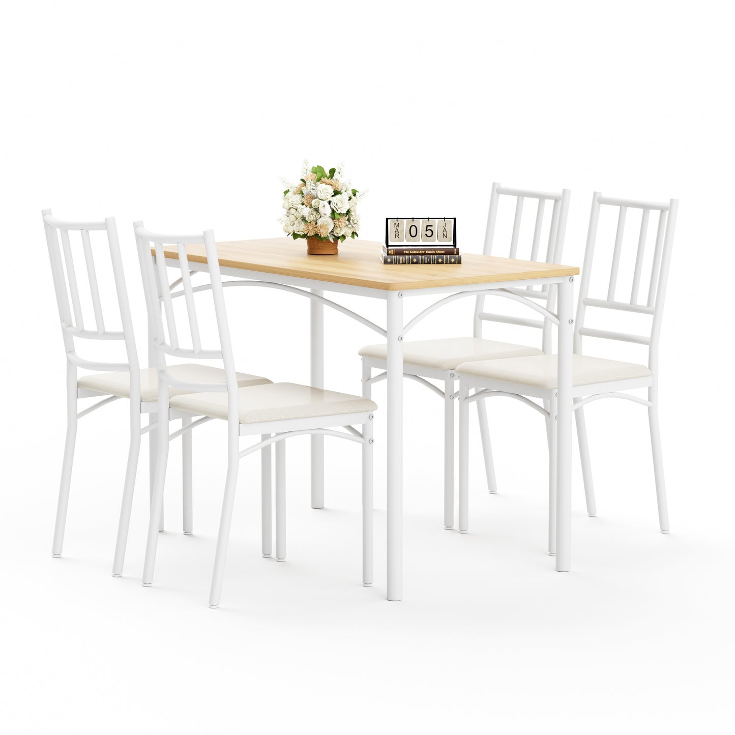 Dining Table Set, Bar Table with 4 Dining Benches, Kitchen Table Counter with Chairs, Industrial for Kitchen Breakfast Table, Living Room, Party Room, Natural and White, 43.3″L x23.6″W x 30.1″H