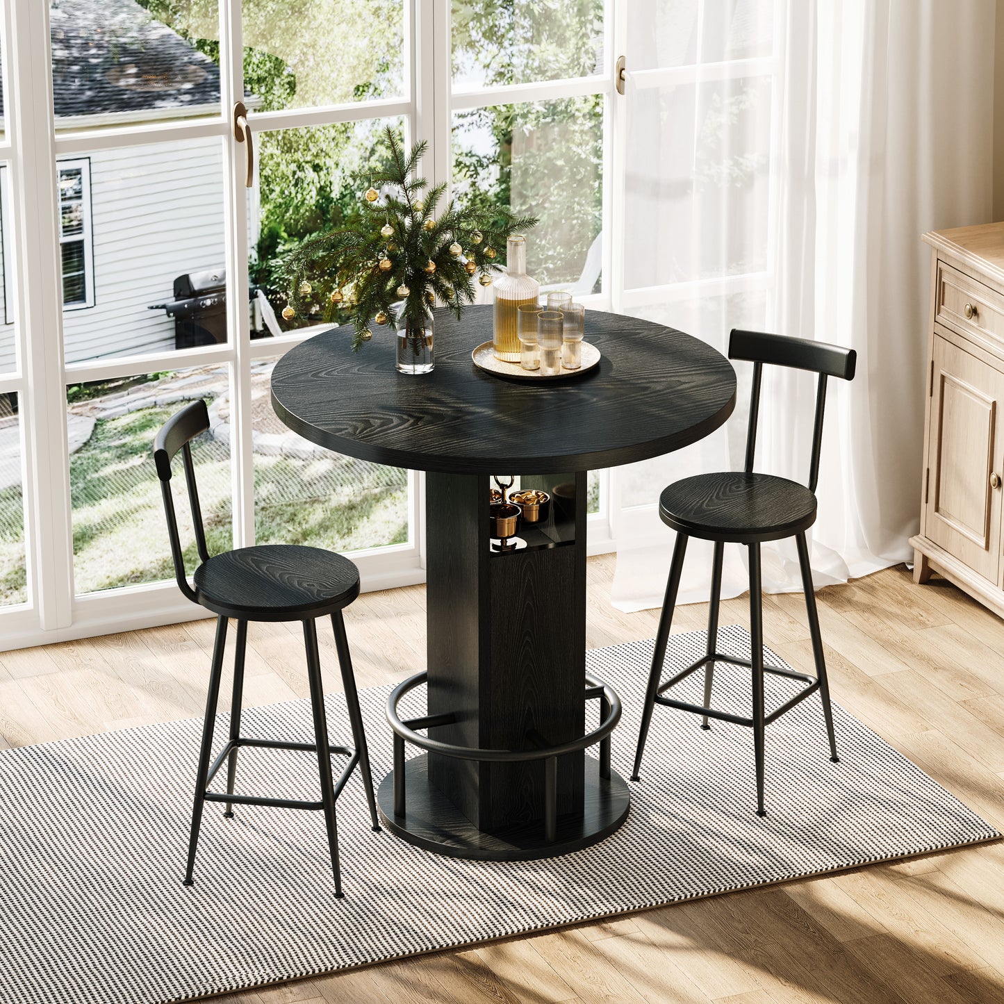 31.5" Round Dining Table Set with 2 Bar Stools - Black for Dining Room