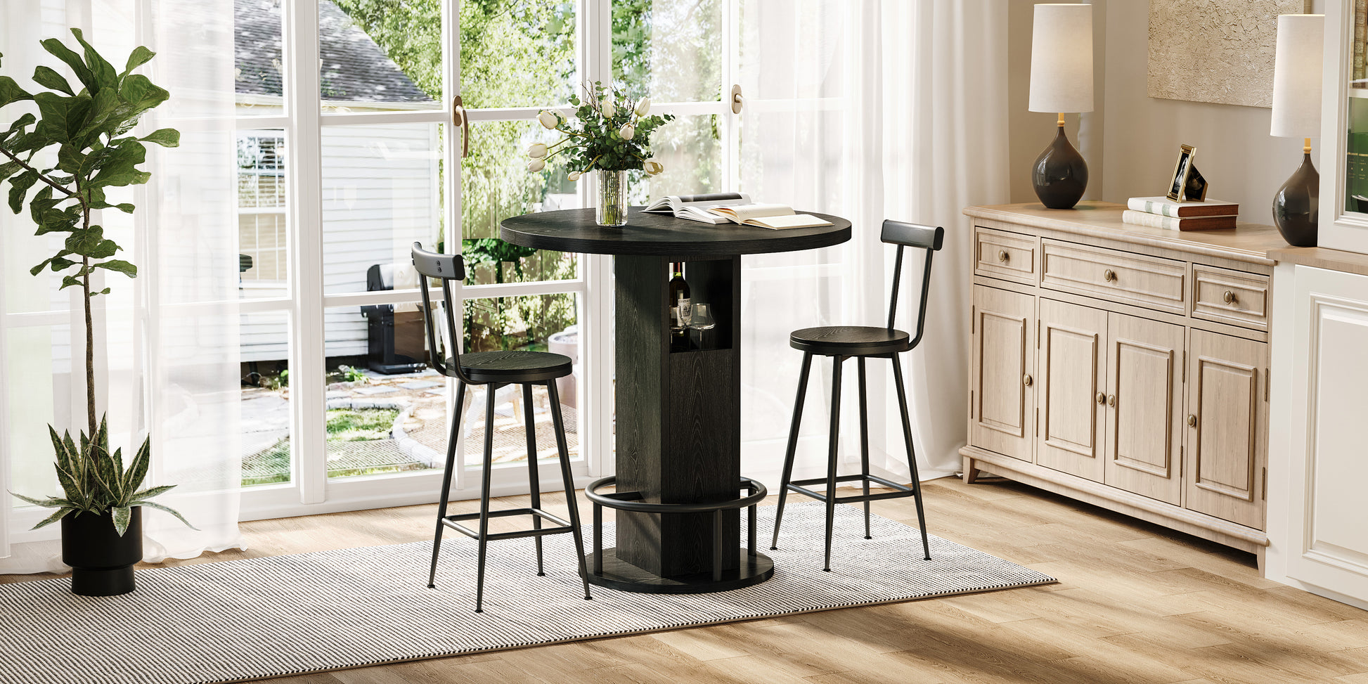 31.5" Round Dining Table Set with 2 Bar Stools - Black for Dining Room