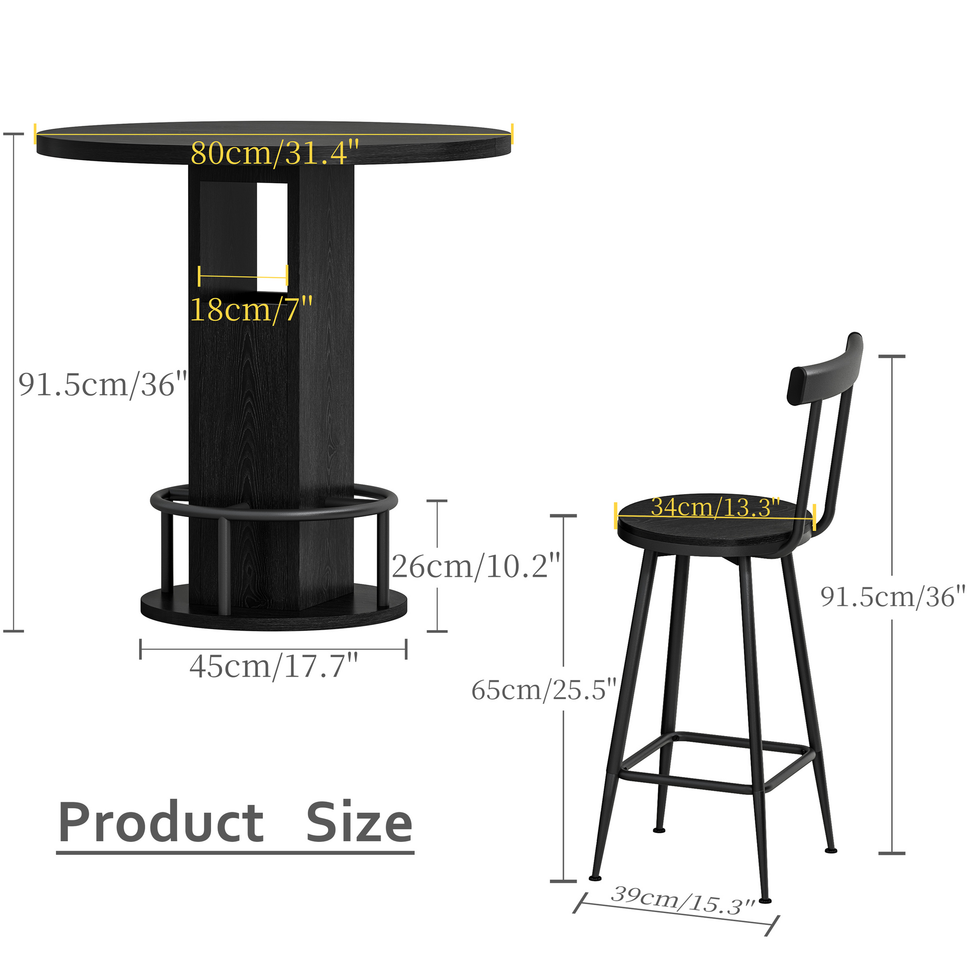 31.5" Round Dining Table Set with 2 Bar Stools - Black for Dining Room