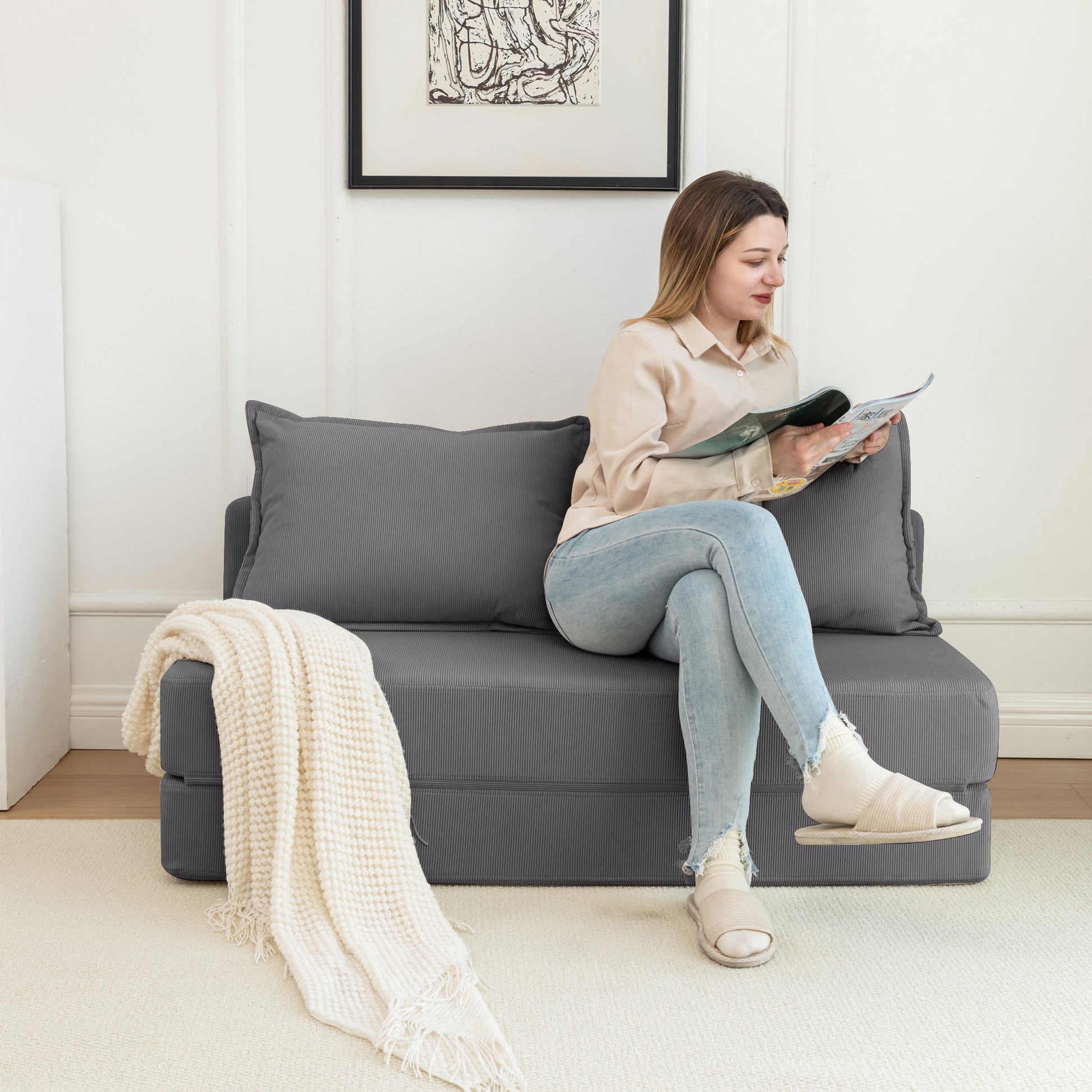 Foldable Sofa Bed Sleeper Lounge Chair with Pillow Floor Mattress Floor Couch with Backrest for Living Room/Dorm/Guest Room/Home Office, Twin